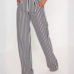 Y6022 Cross-border European and American Clothing New Black Stripe Print High Waist Straight Leg Casual Wide-leg Pants in stock – Image 3