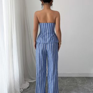 Cross-border fashion elegant bandeau striped trousers two-piece set women's 2025 spring/summer Amazon iron-free comfort – Image 4