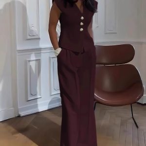 Hot Casual Luxury Suit European and American Foreign Trade Two-Piece Set Women's Ladies Casual V-neck Cap Sleeve Two-Piece Set. – Image 3
