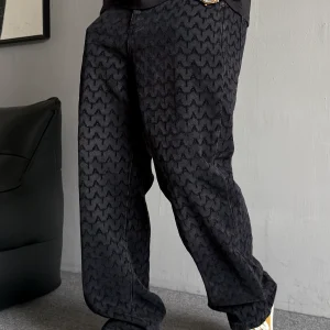 Spring and autumn American casual ruffian handsome high-end jacquard embroidered jeans, men's straight-leg, loose design wide-leg trousers – Image 3