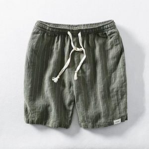 Linen shorts men's summer striped sweatpants cotton linen sweat loose tight tie pants mid pants tide – Image 3
