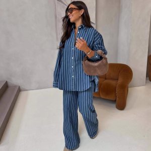 European and American long-sleeved casual lapel cardigan striped shirt women's African foreign style plus-size new women's trousers two-piece set – Image 4