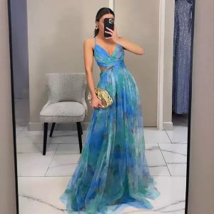 Cross-border 2025 Europe and the United States spring and summer new mesh print slip dress INS vacation casual party dress – Image 3
