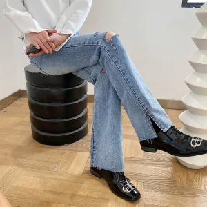 Fall men's ripped jeans trend straight wide-leg pants personality split mopping pants ins net red long pants – Image 3