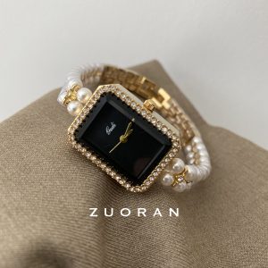 ZUORAN silver black square pearl bracelet type diamond set light luxury exquisite fashion quartz watch – Image 4
