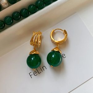 New green chalcedony earrings retro simple and versatile earrings women's national style earrings niche design elegant earrings – Image 4