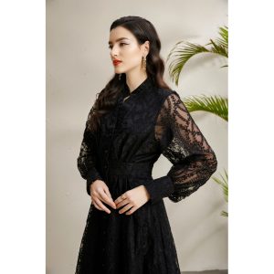 Court V-Neck Lantern Sleeve Pleated Wide Hem Embroidered Dress – Image 3