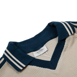 Summer men's polo shirt patchwork striped three-bar V-neck lapel short-sleeved T-shirt high street trendy sports loose top – Image 4