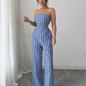Cross-border fashion elegant bandeau striped trousers two-piece set women's 2025 spring/summer Amazon iron-free comfort – Image 3