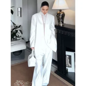 European plus size white suit women's 2025 new silhouette shoulder pad suit jacket slacks two-piece set spring – Image 3