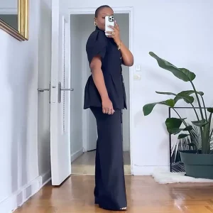 European and American Autumn 2025 Stand-up Collar Single-breasted Waist Shirt High-Waisted Straight-Leg Pants Two-Piece Fashion Suit – Image 3