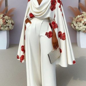 Foreign trade cross-border European and American women's clothing independent station new products printed pile collar long sleeve two-piece trouser set – Image 3