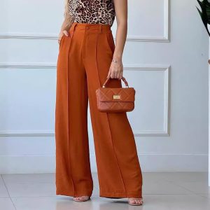 South American Cross-border Spring and Summer Thin Pants Solid Color Loose Pleated Wide-leg Slacks Semi-Elastic Waist – Image 4