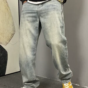 Spring American casual ruffian handsome washed retro zip jeans, men's straight-leg loose trendy brand wide-leg long pants – Image 3