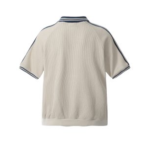 Summer men's polo shirt patchwork striped three-bar V-neck lapel short-sleeved T-shirt high street trendy sports loose top – Image 3