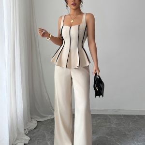 Cross-border European and American temperament, elegant style, camisole, solid color trouser set, – Image 3