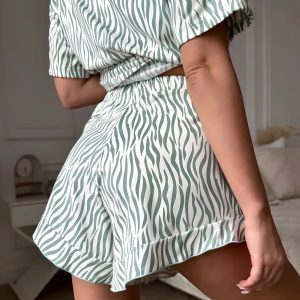 European and American cross-border loose stripe print comfortable ruffled short-sleeved shorts Russian pajama set loungewear women – Image 3