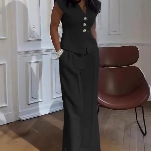 Hot Casual Luxury Suit European and American Foreign Trade Two-Piece Set Women's Ladies Casual V-neck Cap Sleeve Two-Piece Set. – Image 5