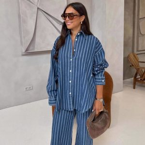European and American long-sleeved casual lapel cardigan striped shirt women's African foreign style plus-size new women's trousers two-piece set – Image 3