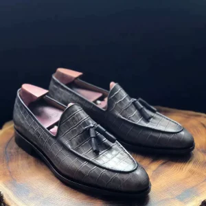 Qiai head layer cowhide embossed with crocodile pattern tassel men's loafers breathable leather sole set feet British slip-on boat shoes – Image 3