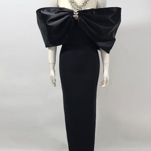 Bandage temperament dress women's 2025 summer new rhinestone halterneck bow splicing design long hip skirt – Image 3