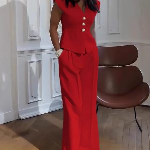 Hot Casual Luxury Suit European and American Foreign Trade Two-Piece Set Women's Ladies Casual V-neck Cap Sleeve Two-Piece Set. – Image 4