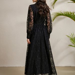 Court V-Neck Lantern Sleeve Pleated Wide Hem Embroidered Dress – Image 4