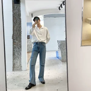 Fall men's ripped jeans trend straight wide-leg pants personality split mopping pants ins net red long pants – Image 4
