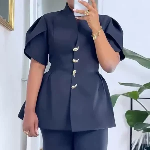 European and American Autumn 2025 Stand-up Collar Single-breasted Waist Shirt High-Waisted Straight-Leg Pants Two-Piece Fashion Suit – Image 4