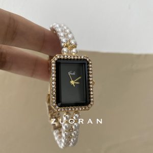 ZUORAN silver black square pearl bracelet type diamond set light luxury exquisite fashion quartz watch – Image 3