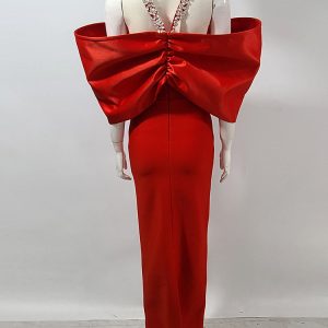 Bandage temperament dress women's 2025 summer new rhinestone halterneck bow splicing design long hip skirt – Image 4