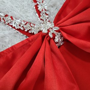 Bandage temperament dress women's 2025 summer new rhinestone halterneck bow splicing design long hip skirt – Image 7