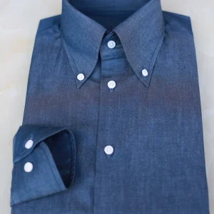 Men's shirt long sleeve button down thin denim cotton business shirt men's shell buckle hand-oversewn – Image 5