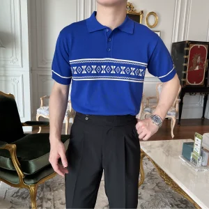 Mo G men's summer short-sleeved POLO shirt men's personality trend retro lapel ice silk light sweater T-shirt – Image 3