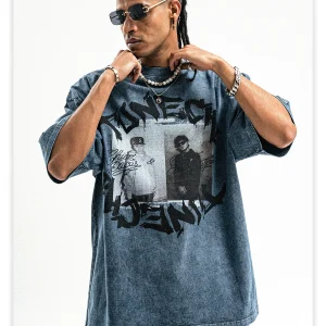 ONSEVENINE trendy brand American street wash distressed retro heavy short-sleeved T-shirt for men and women summer ins national trend – Image 3