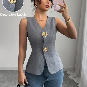 Spot 2025 summer new European and American cross-border solid color sleeveless rose button slim vest temperament commuting – Image 3