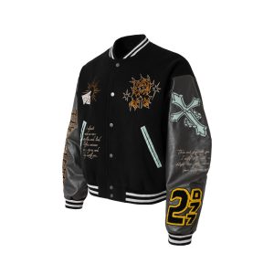 American High Street Heavy Industry embroidered baseball uniform jacket men's autumn and winter contrast splicing PU leather sleeve design jacket – Image 7
