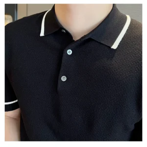 Summer casual light business three-button contrasting polo shirt men's British light mature half-sleeve knitted breathable lapel T-shirt – Image 3