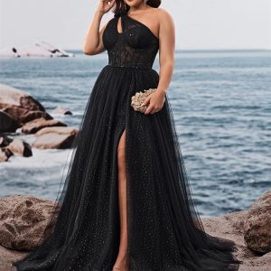 European and American plus-size elegant slanted shoulder temperament cocktail dinner dress luxury slit bridesmaid graduation dress mom outfit – Image 3