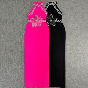 European and American cross-border bandages, new women's clothing, stand-up collar, light luxury nail diamond, hollow flower temperament, elegant bandage dress, long skirt – Image 4