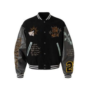 American High Street Heavy Industry embroidered baseball uniform jacket men's autumn and winter contrast splicing PU leather sleeve design jacket – Image 5