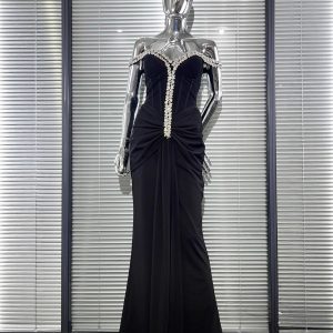 Cross-border luxury sparkling diamonds sexy off-the-shoulder low-cut hip-hugging mermaid dresses European and American temperament party dinner dresses – Image 3
