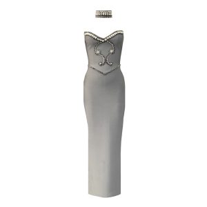 European and American new solid color temperament diamond bandeau bandage dress with necklace party party dress long skirt – Image 3