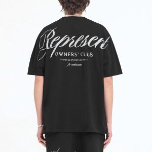 Represent: Cursive letter logo print, American high street, summer new men's and women's loose cotton short-sleeved T-shirt – Image 4