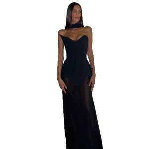 Bandagedress niche design irregular bandeau streamer snood mesh long banquet dress dress – Image 3