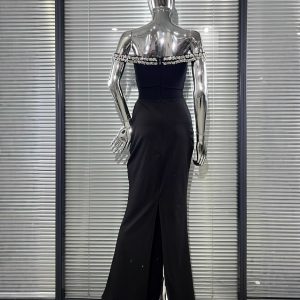 Cross-border luxury sparkling diamonds sexy off-the-shoulder low-cut hip-hugging mermaid dresses European and American temperament party dinner dresses – Image 4