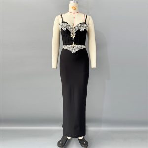 Cross-border European and American new design sense diamond-inlaid suspender bandage skirt celebrity slim dress herring bone dress – Image 3
