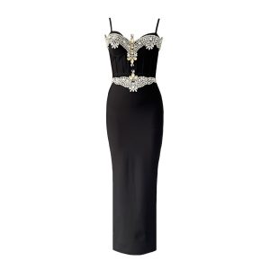Cross-border European and American new design sense diamond-inlaid suspender bandage skirt celebrity slim dress herring bone dress – Image 5