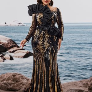 European and American Amazon long sleeve sequin embroidered mermaid evening dress formal elegant frilled luxury beaded dress – Image 3