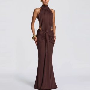 European and American new Amazon halterneck pleated slim skirt high neck sexy backless temperament banquet dress skirt – Image 3